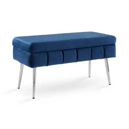 A three-quarter view, highlighting the stylish blue velvet upholstery and modern design for a chic addition to your space.