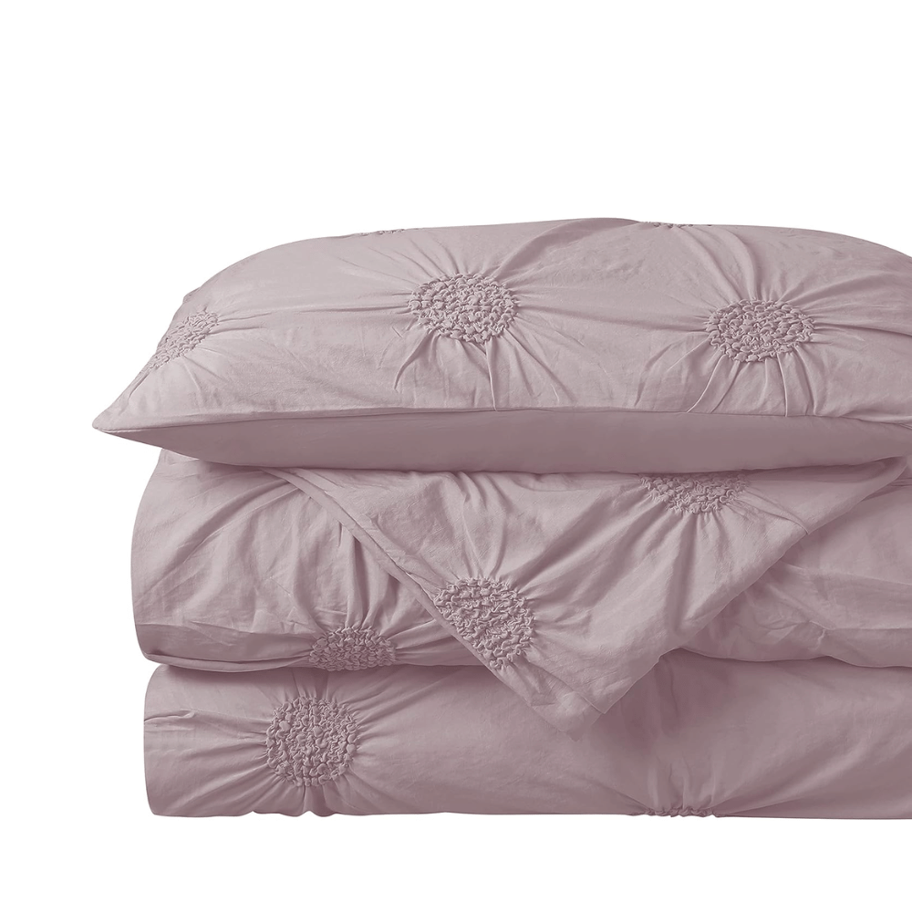 3pc Floral Ruched Duvet Cover Set / Mauve (closer view).