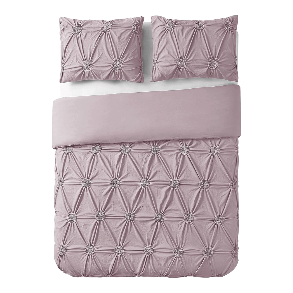 3pc Floral Ruched Duvet Cover Set / Mauve