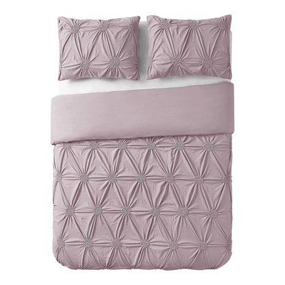 3pc Floral Ruched Duvet Cover Set / Mauve