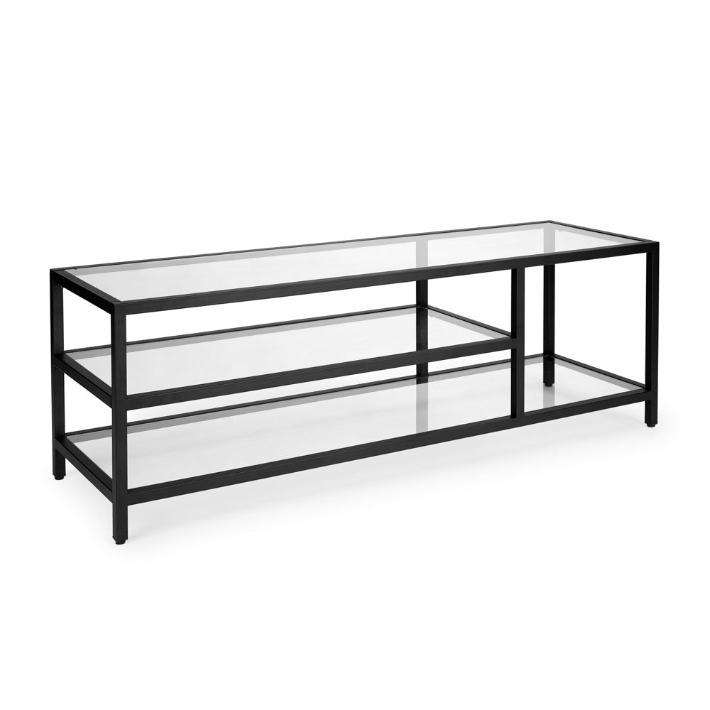 MILEY TV Stand: Modern black metal frame, tempered glass, condo-friendly design