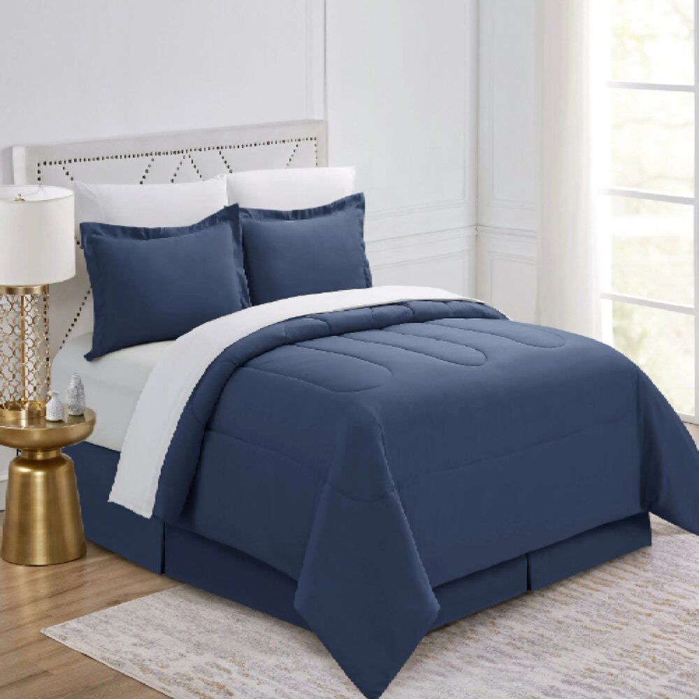 Edit Pinch Pleat 8 Piece Comforter + Sheets Set Navy