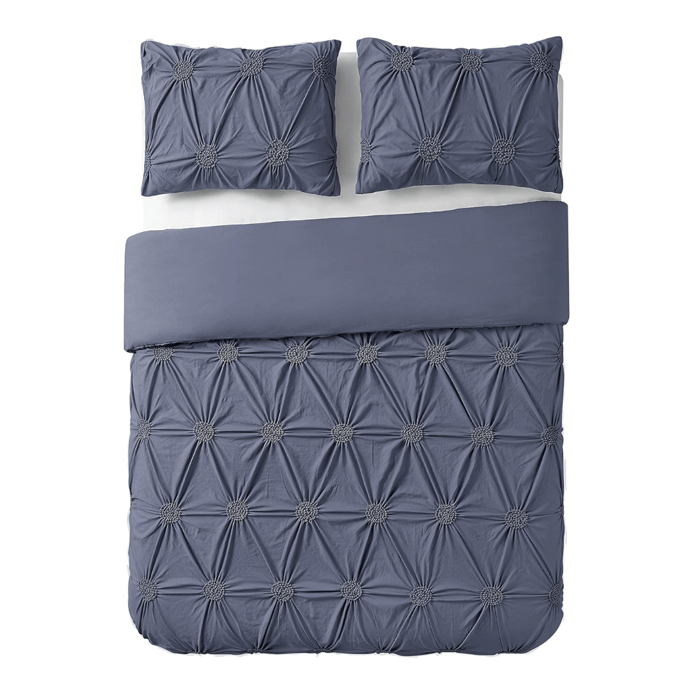 3pc Floral Ruched Duvet Cover Set / Navy