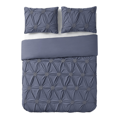 3pc Floral Ruched Duvet Cover Set / Navy