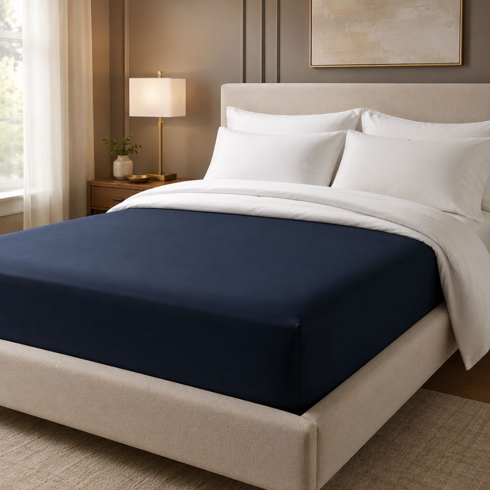 Navy microfiber deep-pocket fitted sheet securely fitted on a modern bed with crisp white bedding in a warm, elegant bedroom.