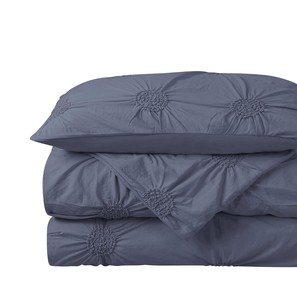 3pc Floral Ruched Duvet Cover Set / Navy (closer view).