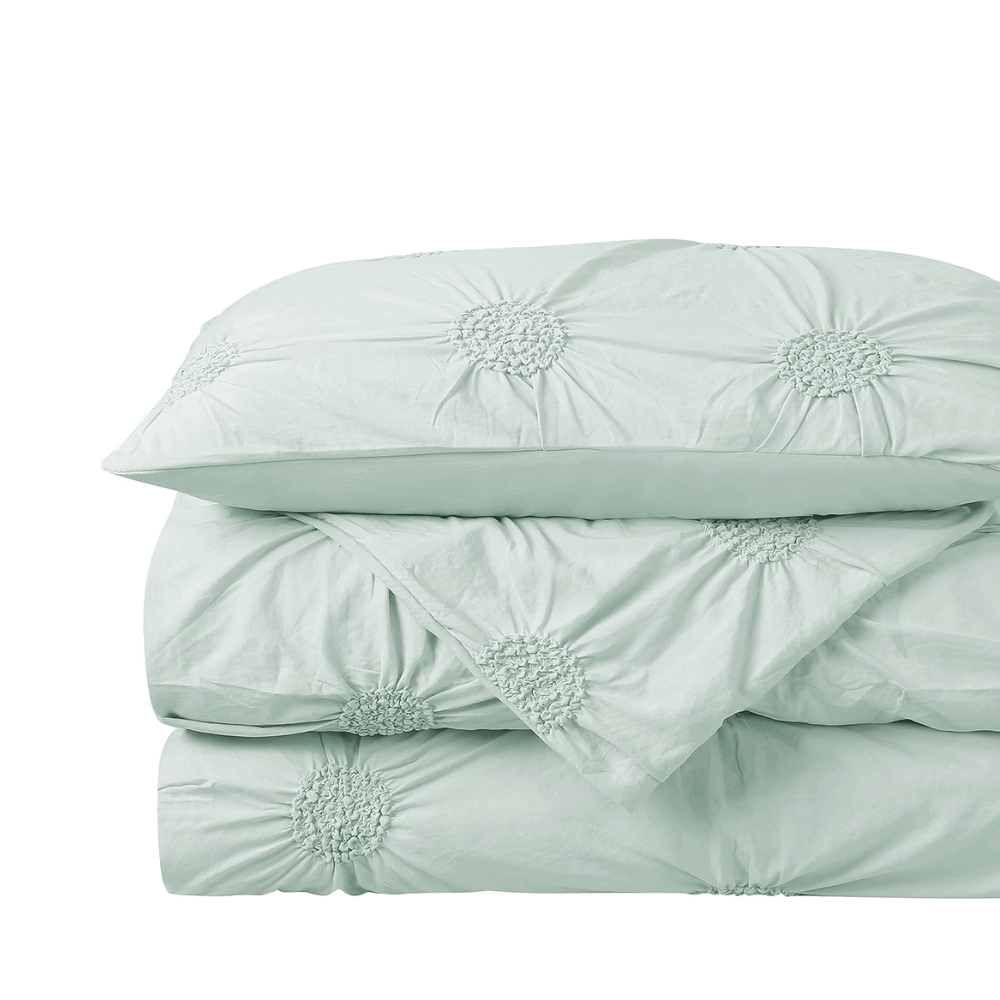 3pc Floral Ruched Duvet Cover Set / Pale blue (closer view).
