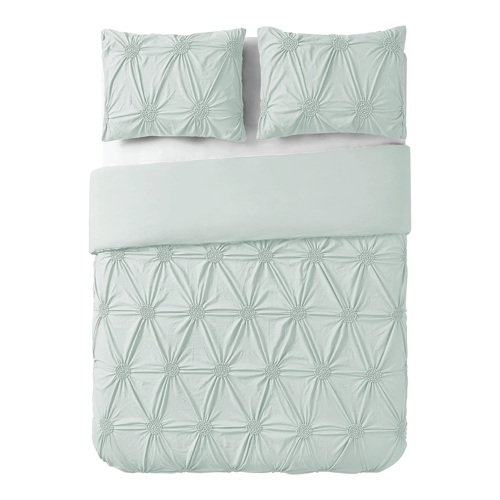 3pc Floral Ruched Duvet Cover Set / Pale Blue