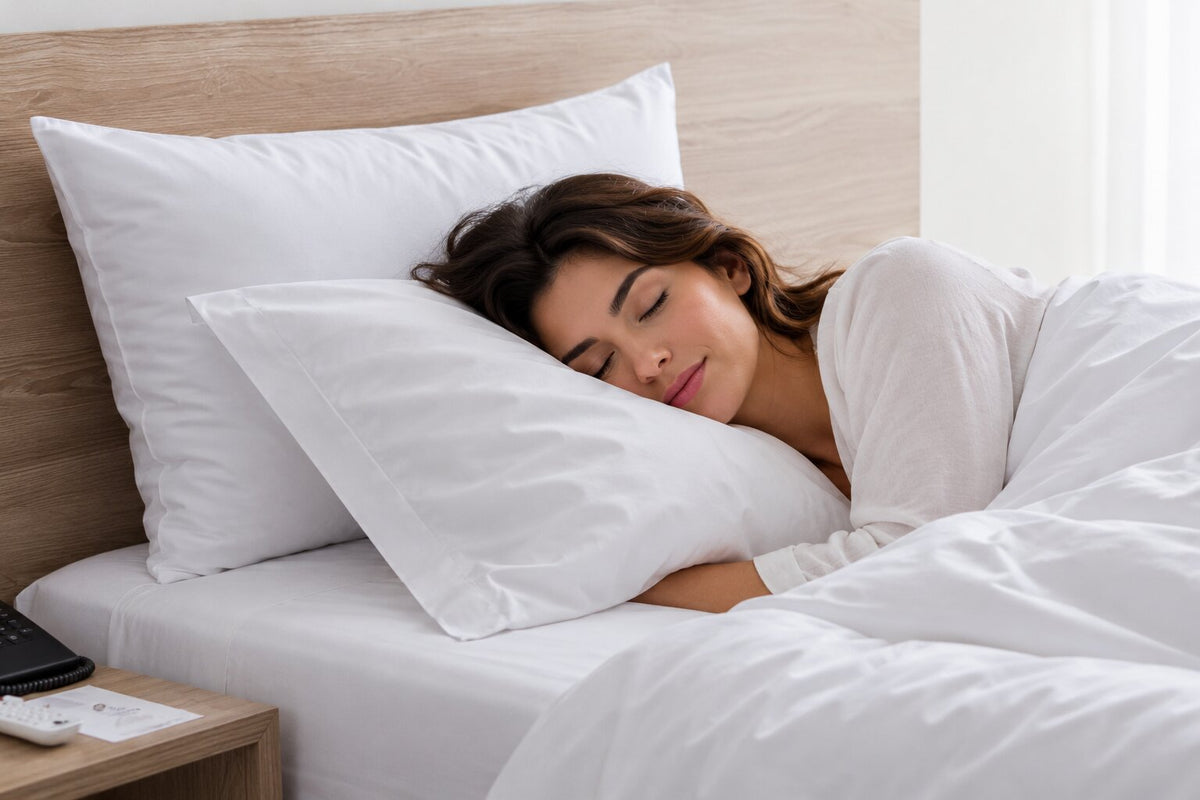 A woman sleeping peacefully on a plush white Pillowcase - Cotton Polyester Blend - 200 Thread Count against a neutral tufted headboard, highlighting its soft fabric and comfortable, hotel-quality design.