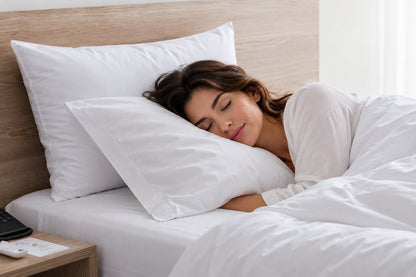 A woman sleeping peacefully on a plush white Pillowcase - Cotton Polyester Blend - 200 Thread Count against a neutral tufted headboard, highlighting its soft fabric and comfortable, hotel-quality design.