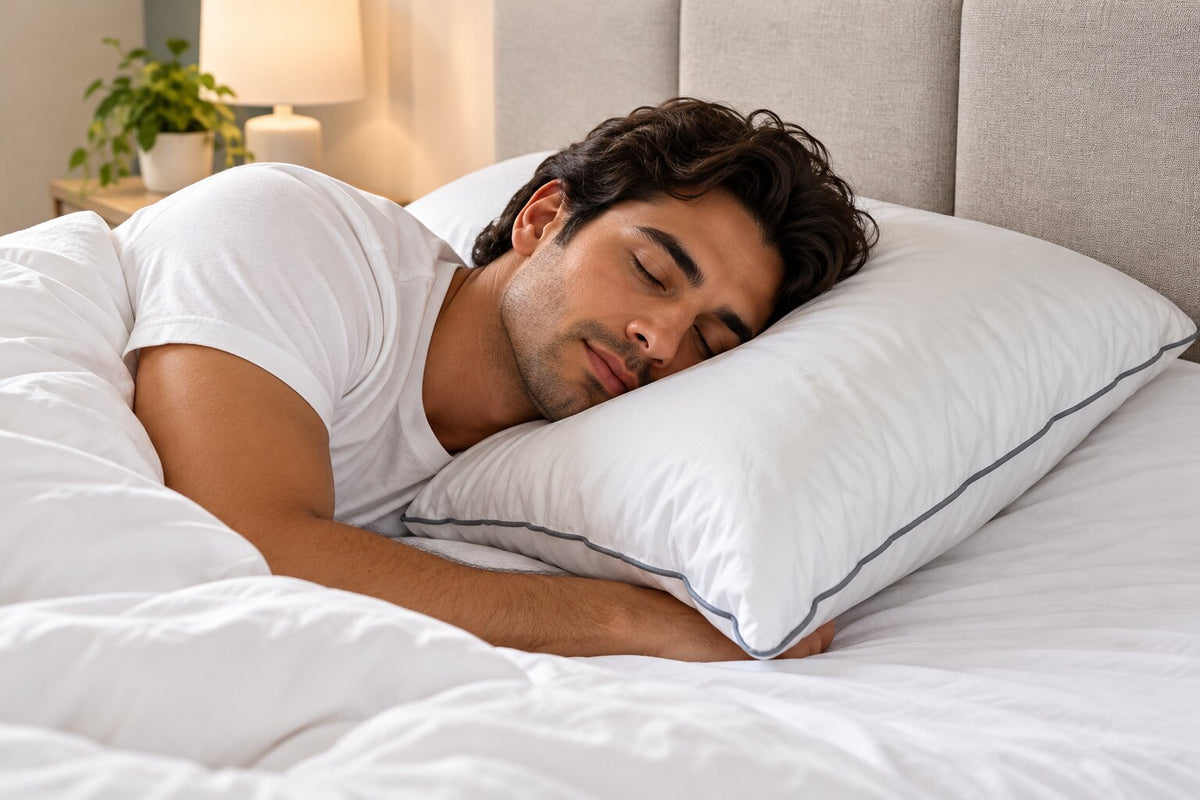 A close-up of a standard white queen pillow with distinct grey piped edges resting on white sheets.