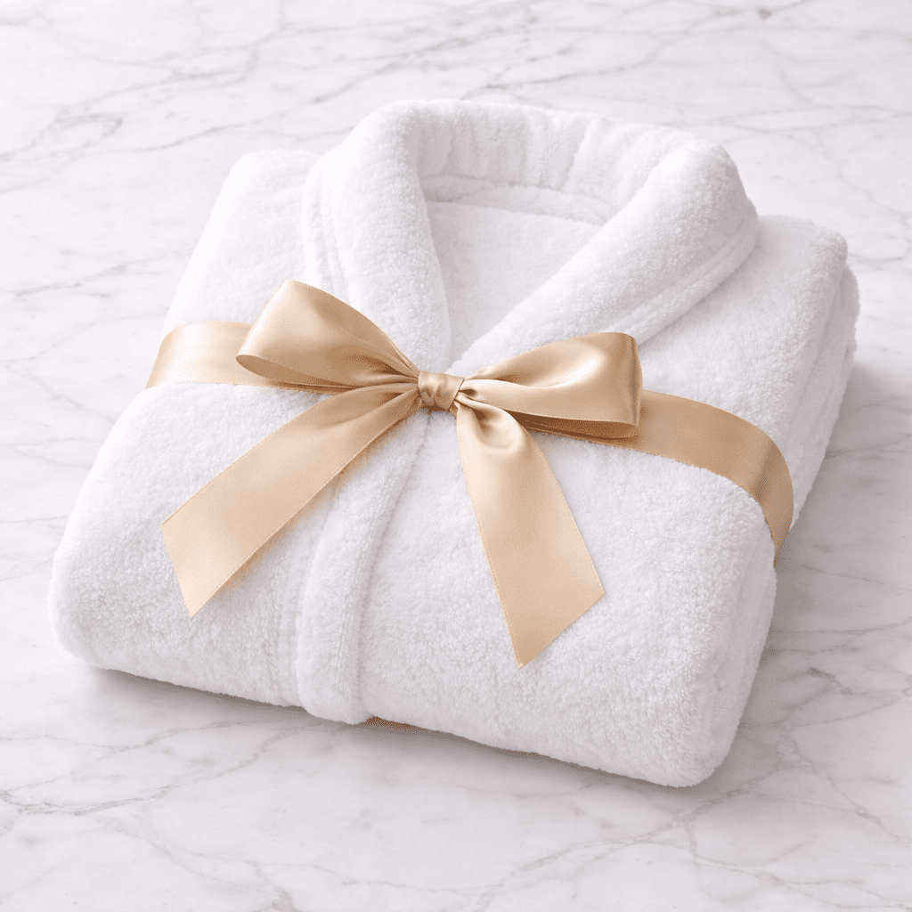 Luxury white bathrobe for hotels and Airbnb, plush spa robe with satin ribbon on marble background.