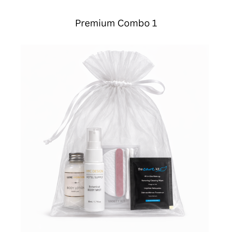 Premium Combo with Body Mist, Body lotion in bottle luxe hydration, vanity kit and make up wipe. Perfect for hospitality use.