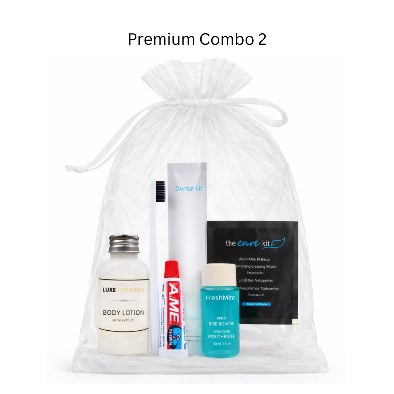 Premium Combo with luxe hydration body lotion, dental kit, mouthwash and make up wipe. Perfect for Airbnb and resorts.