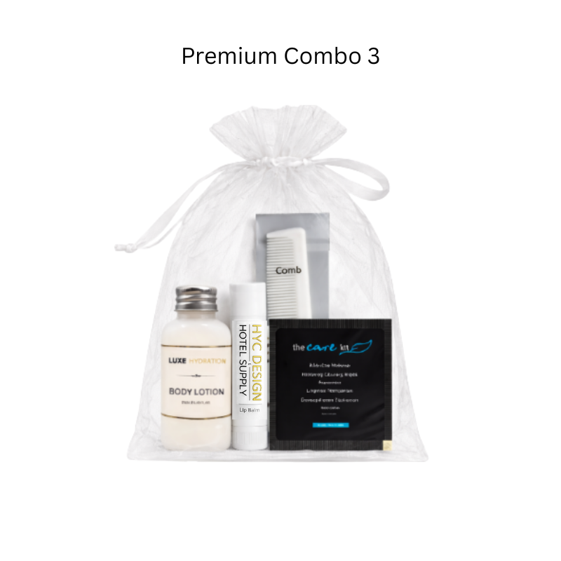 Premium Combo with lip balm, plastic hair comb, luxe hydration body lotion and make up wipe.