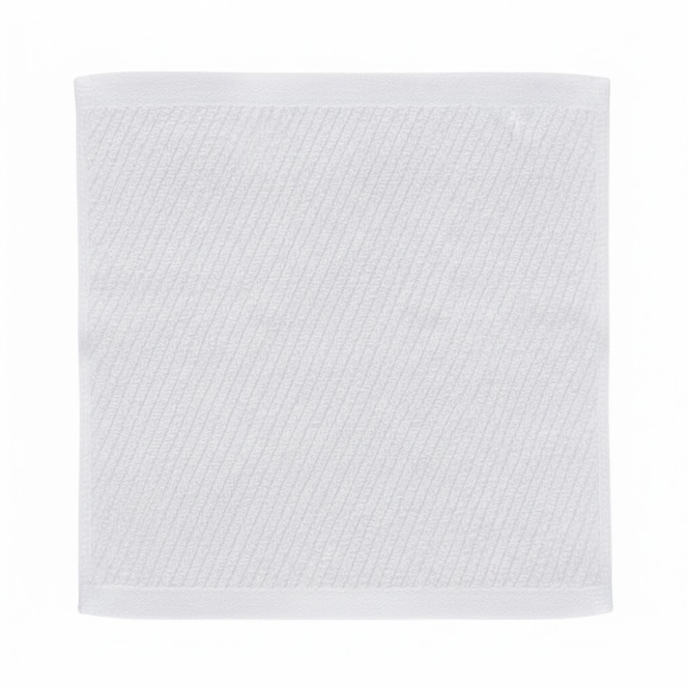 Plush white washcloth with a diagonal ribbed texture, offering a soft feel, rich absorbency, and a refined look