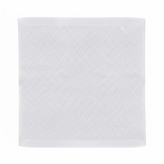 Plush white washcloth with a diagonal ribbed texture, offering a soft feel, rich absorbency, and a refined look