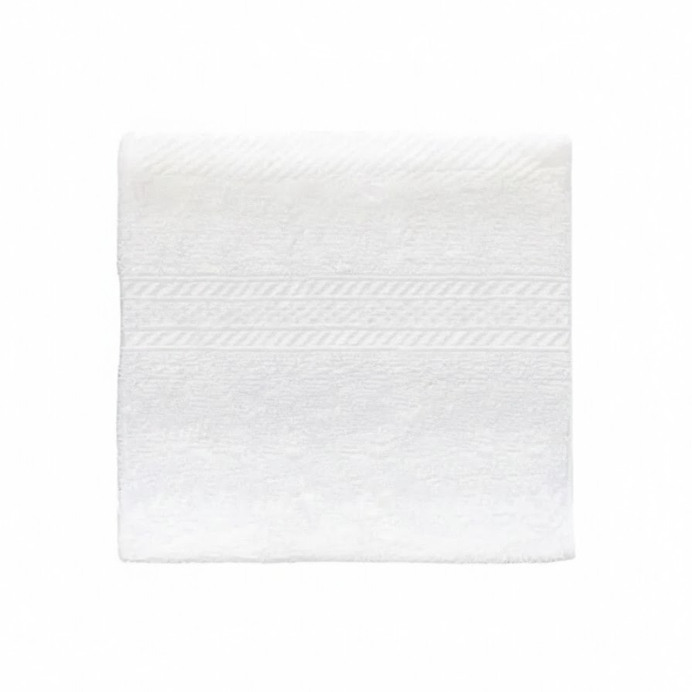White cotton washcloth displayed neatly, highlighting its plush feel, elegant border, and refined finish