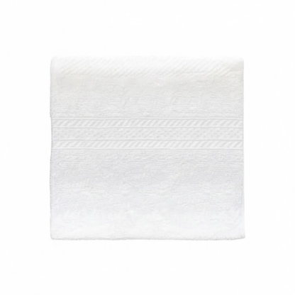 White cotton washcloth displayed neatly, highlighting its plush feel, elegant border, and refined finish