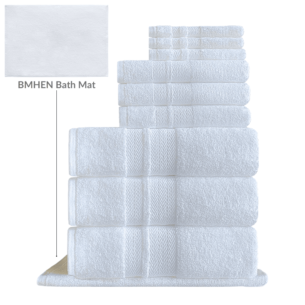 Quick-dry towels in elegant designs, crafted for hotels and Airbnbs, offering both style and practicality for washroom essentials. BWG Series - 10 Pc Towel Set - White Background