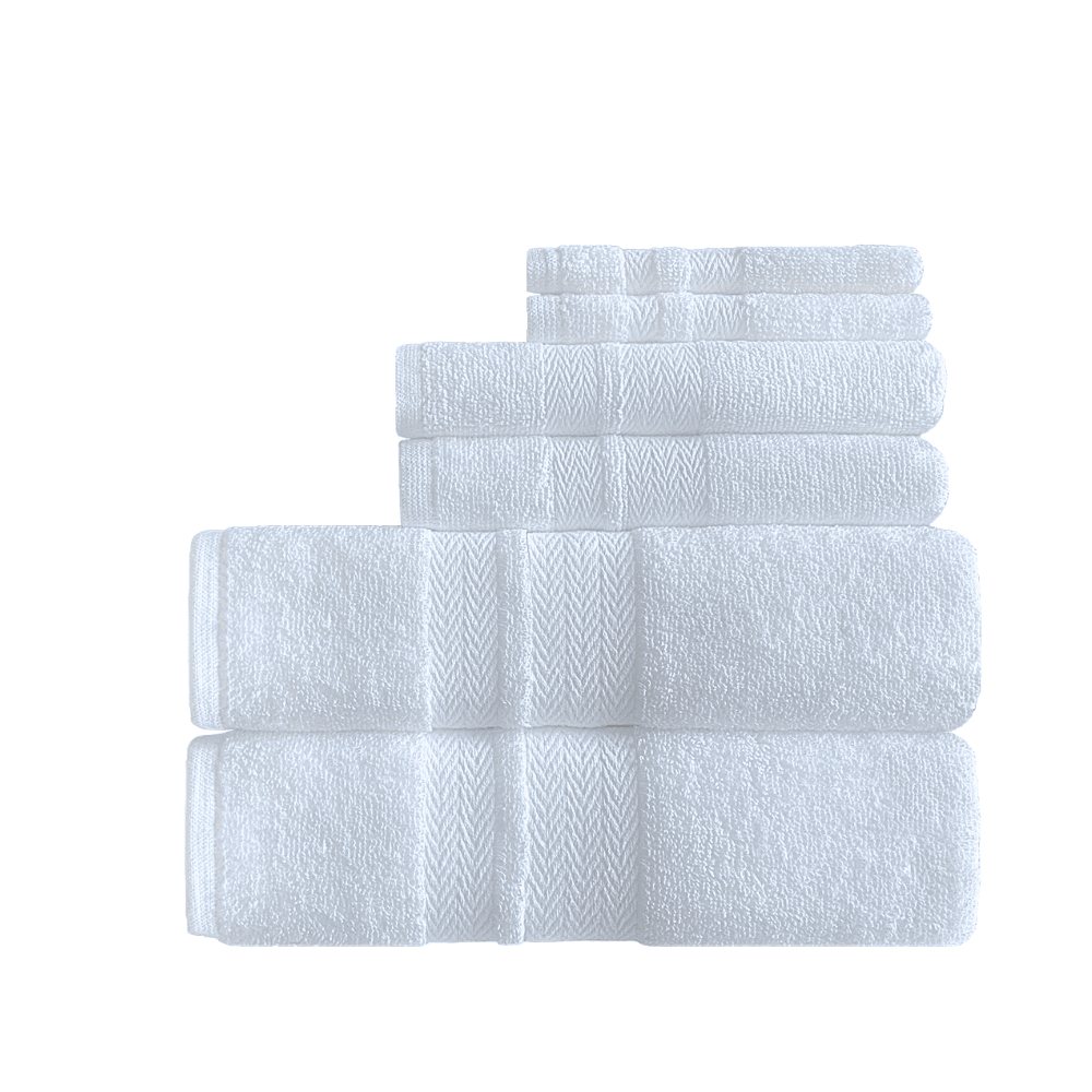 Durable and elegantly styled towels, available wholesale, are designed to suit the needs of washrooms in hotels, Airbnbs, and vacation homes. BWG Series - 6 Pc Towel Set - White Background