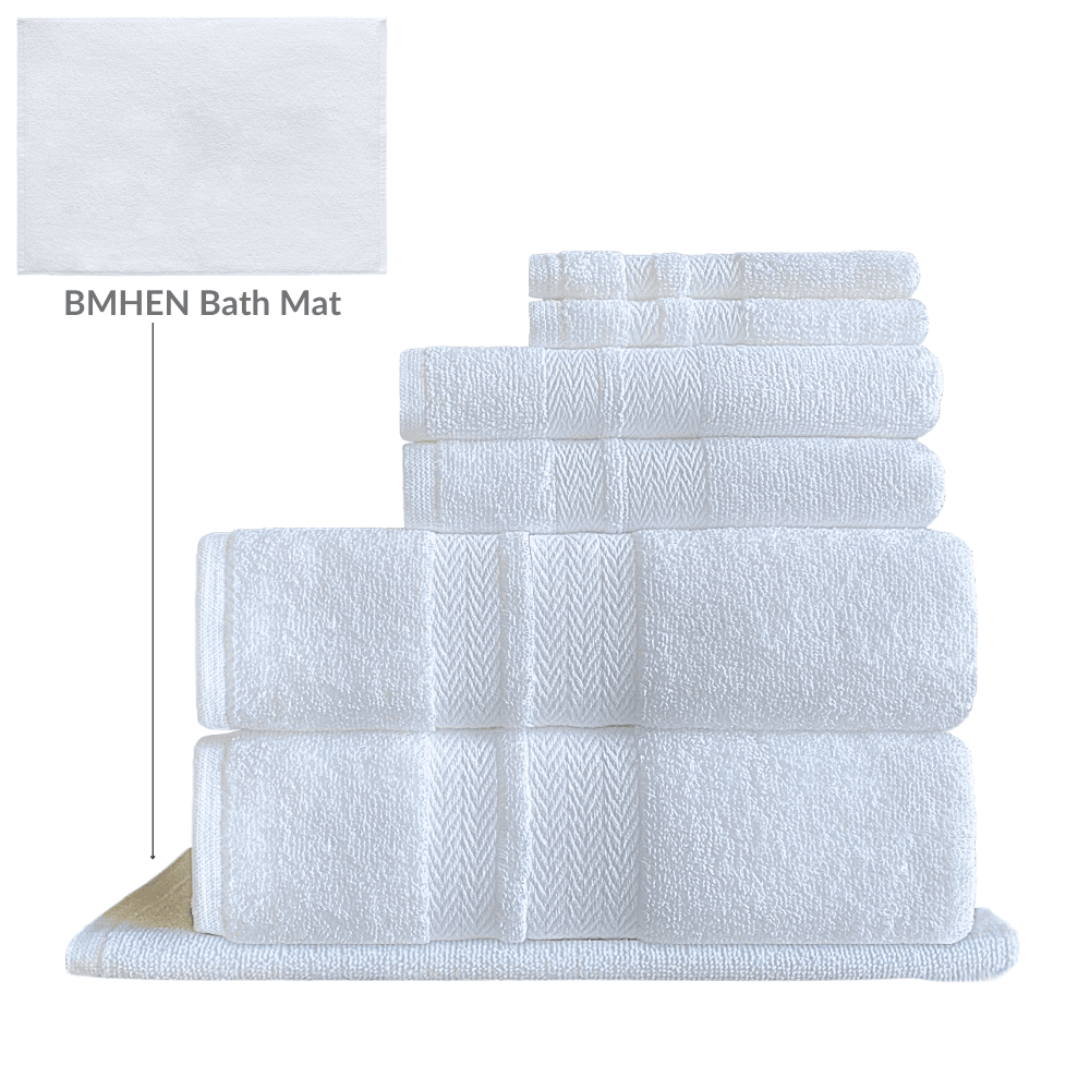 High-quality towels designed for long-term use in hospitality, combining elegance, quick-dry properties, and bulk quantity options for diverse needs. BWG Series - 7 Pc Towel Set - White Background