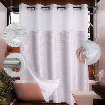Hook Less Shower Curtain 2 Piece with Translucent Window & Snap-On Liner / White Lattice