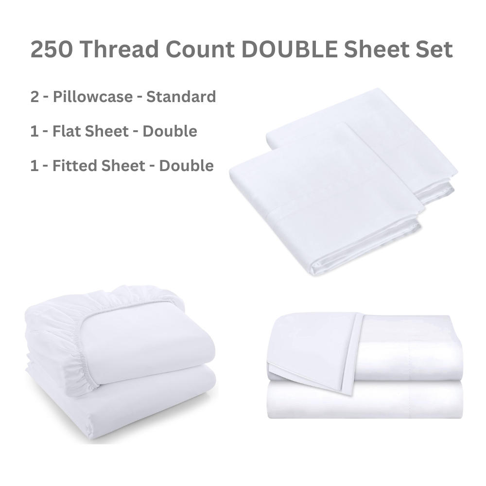 250 Thread Count Sheet Set - DOUBLE - Includes 2 Pillowcase (Standard), 1 Flat Sheet (Double), 1 Fitted Sheet (Double)