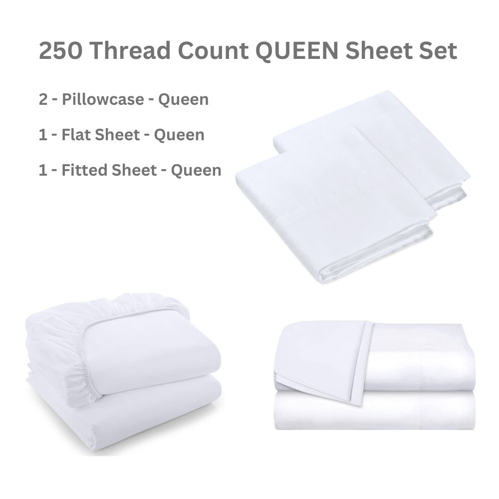 250 Thread Count Sheet Set - QUEEN - Includes 2 Pillowcase (Queen), 1 Flat Sheet (Queen), 1 Fitted Sheet (Queen)