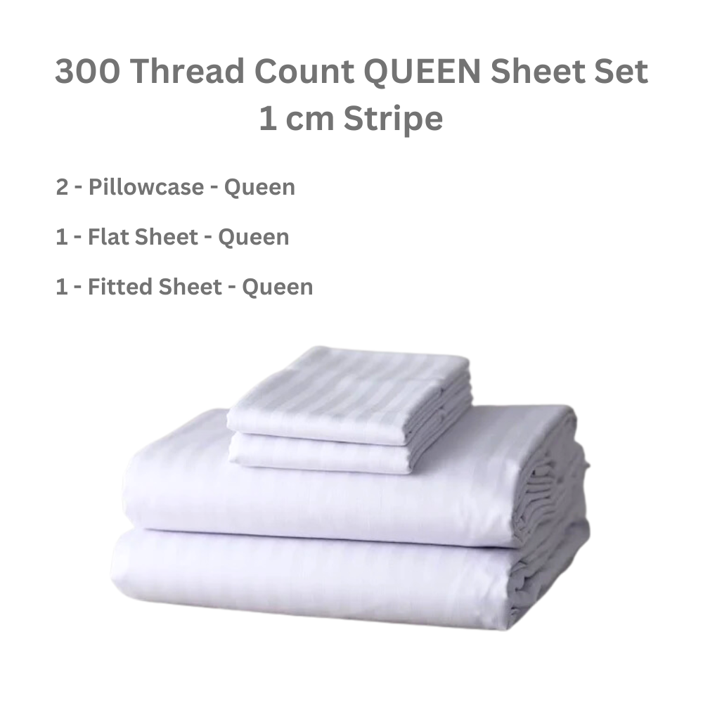 White striped sheet set for queen sized bed with pillowcase, flat and fitted sheet.  