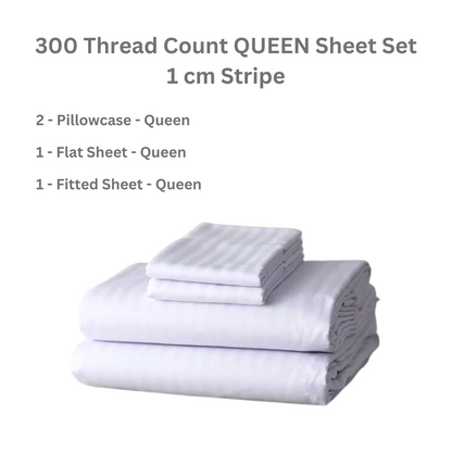 White striped sheet set for queen sized bed with pillowcase, flat and fitted sheet.  