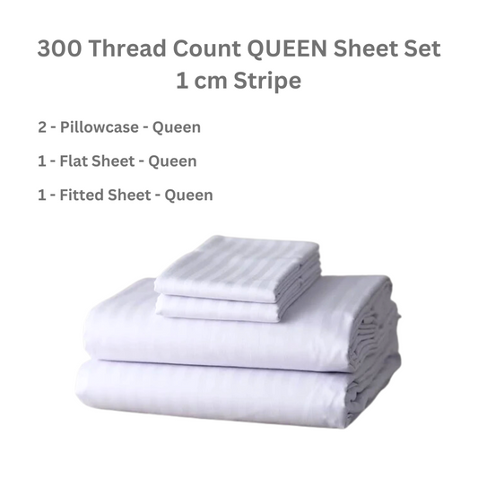 White striped sheet set for queen sized bed with pillowcase, flat and fitted sheet.  