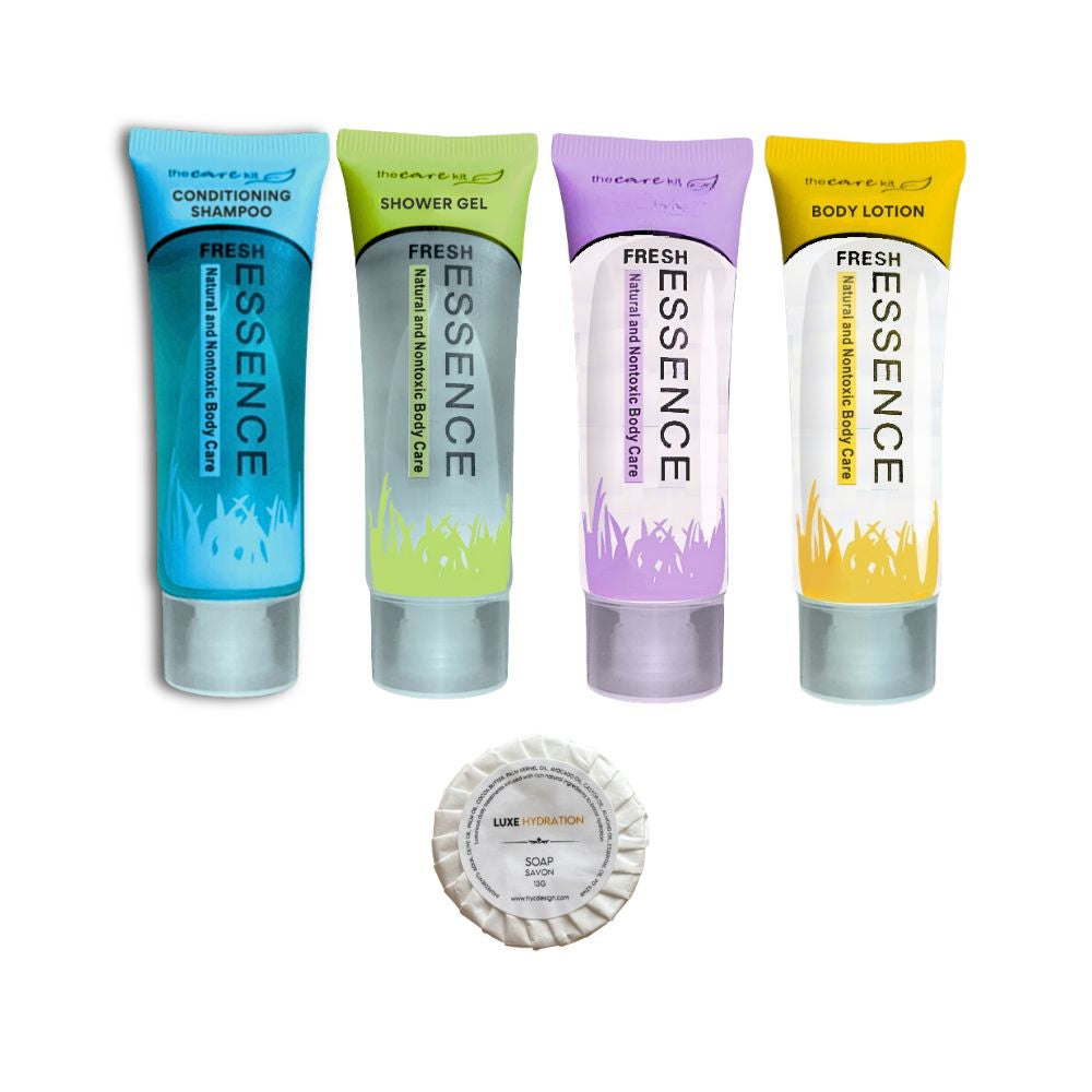 Fresh Essence hotel toiletries set with conditioning shampoo, shower gel, body wash, body lotion and wrapped soap for hotels, motels, resorts and Airbnb guest bathrooms.
