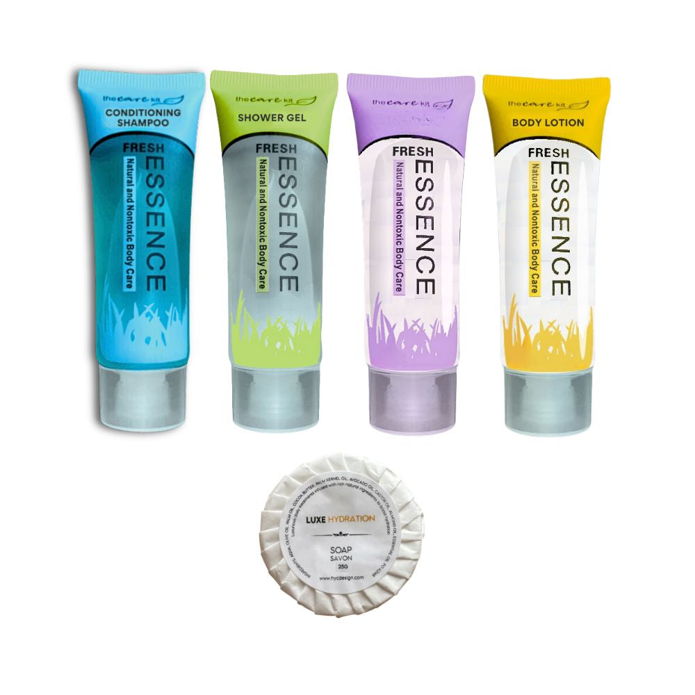 Fresh Essence hotel amenities set with conditioning shampoo, shower gel, body wash, body lotion and 25g wrapped soap for hotels, motels, resorts and Airbnb guest bathrooms.
