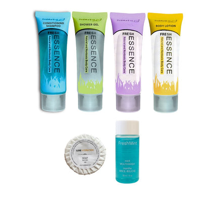Fresh Essence hotel amenities set with conditioning shampoo, shower gel, body wash, body lotion, 13g soap and 30ml mint mouthwash.