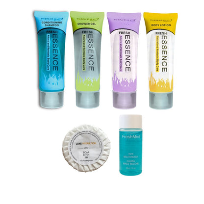 Fresh Essence hotel amenities set with shampoo, shower gel, body wash, lotion, 25g soap and 30ml mint mouthwash for guest rooms.