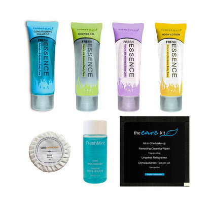 Fresh Essence hotel amenities set with shampoo, shower gel, body wash, lotion, 13g soap, mint mouthwash and makeup-removing wipe.