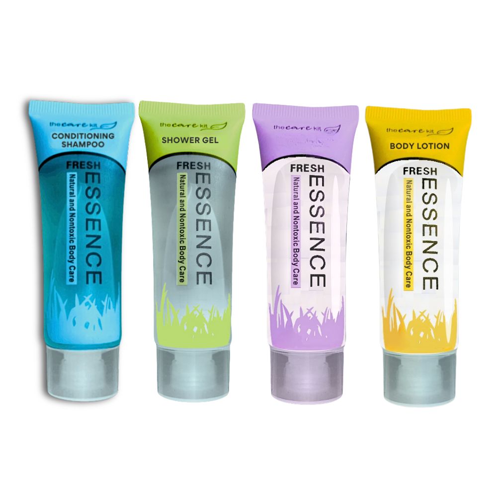 Fresh Essence hotel toiletries set with conditioning shampoo, shower gel, body wash and body lotion tubes for hotels, motels, resorts, Airbnb rentals and guest bathrooms.
