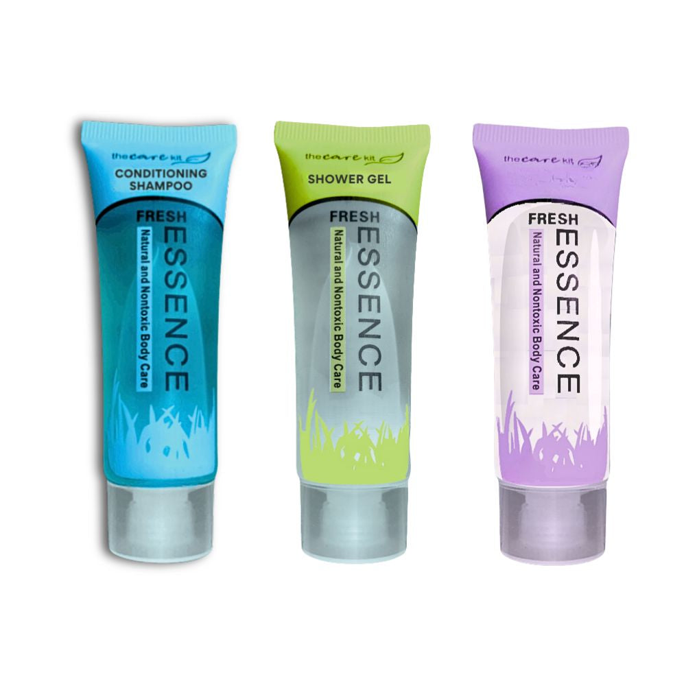 Fresh Essence hotel amenities set with conditioning shampoo, shower gel and body lotion tubes for hotels, motels, Airbnb rentals and guest bathrooms.