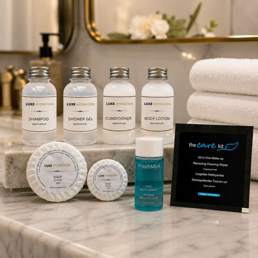 Luxe Hydration 8-piece personal care set with shampoo, shower gel, conditioner, body lotion, soaps, mint mouthwash and makeup wipe.