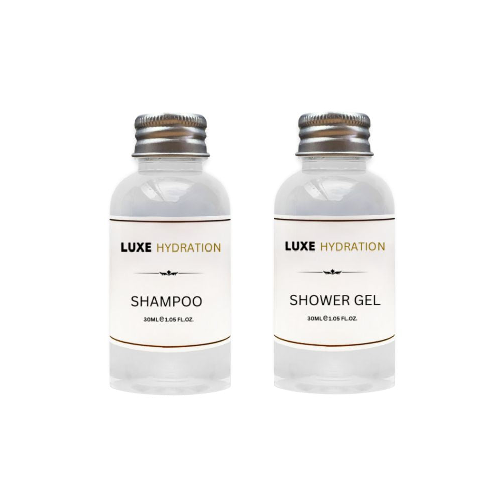 Luxe Hydration 30ml shampoo and shower gel travel-size toiletries for refreshing daily personal care at home, the gym or on trips.