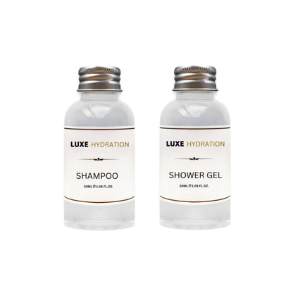 Luxe Hydration 30ml shampoo and shower gel travel-size toiletries for refreshing daily personal care at home, the gym or on trips.