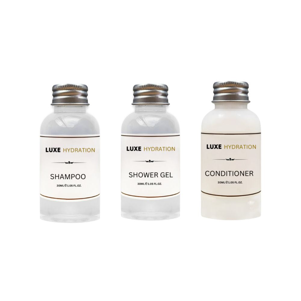 Luxe Hydration 3-piece travel toiletry set with 30ml shampoo, shower gel and conditioner for personal care at home, the gym or trips.