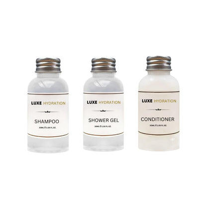 Luxe Hydration 3-piece travel toiletry set with 30ml shampoo, shower gel and conditioner for personal care at home, the gym or trips.