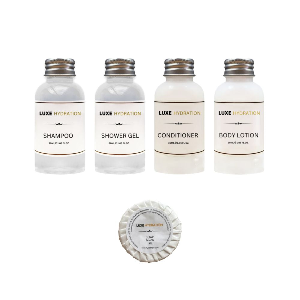 Luxe Hydration 5-piece travel toiletry set with 30ml shampoo, shower gel, conditioner, body lotion and 25g soap for personal care.