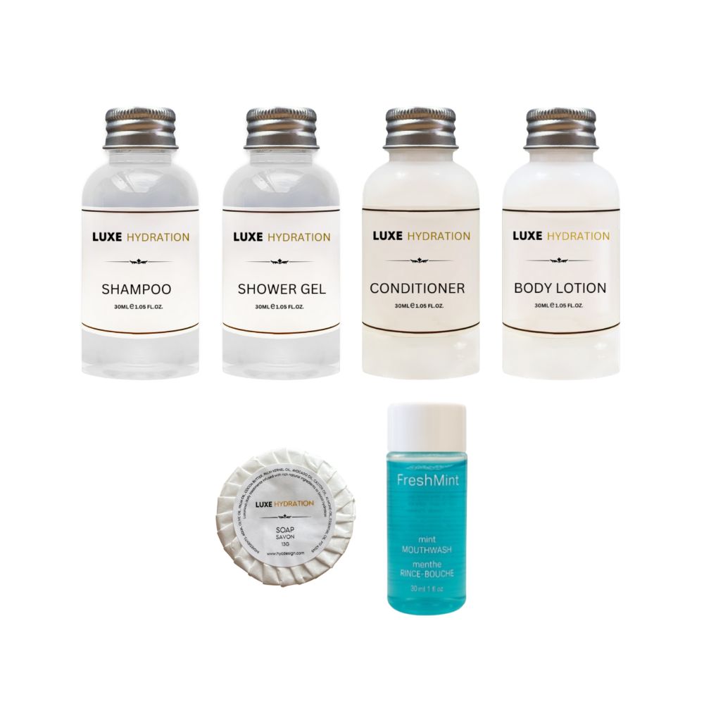 Luxe Hydration 6-piece travel toiletry set with 30ml shampoo, shower gel, conditioner, body lotion, 13g soap and mint mouthwash.