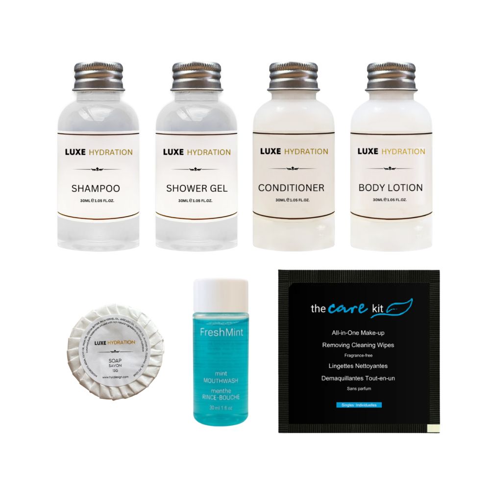 Luxe Hydration 7-piece travel toiletry set with shampoo, shower gel, conditioner, body lotion, soap, mint mouthwash and makeup wipe.