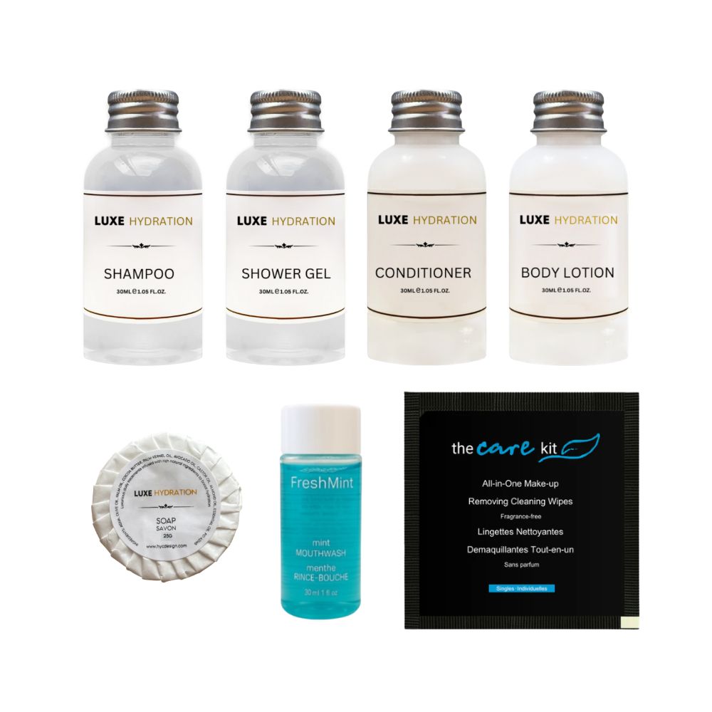 Luxe Hydration 7-piece personal care travel set with shampoo, shower gel, conditioner, lotion, soap, mouthwash and makeup remover wipe.