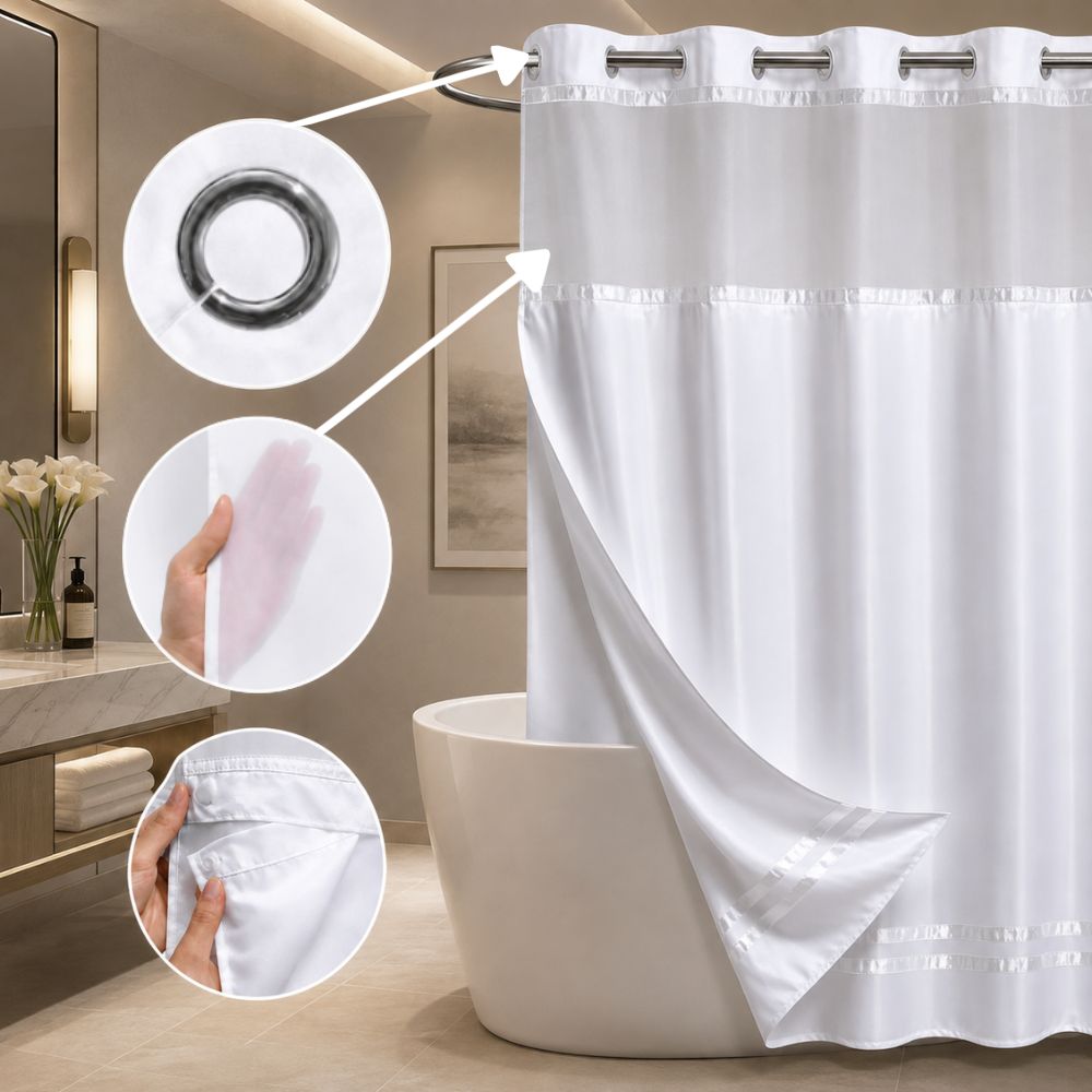 White hookless shower curtain with sheer window, chrome grommets and removable liner displayed in an elegant modern bathroom.