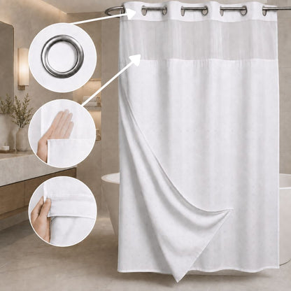 White hookless shower curtain with sheer window panel, chrome grommets and removable liner displayed in a modern bathroom.